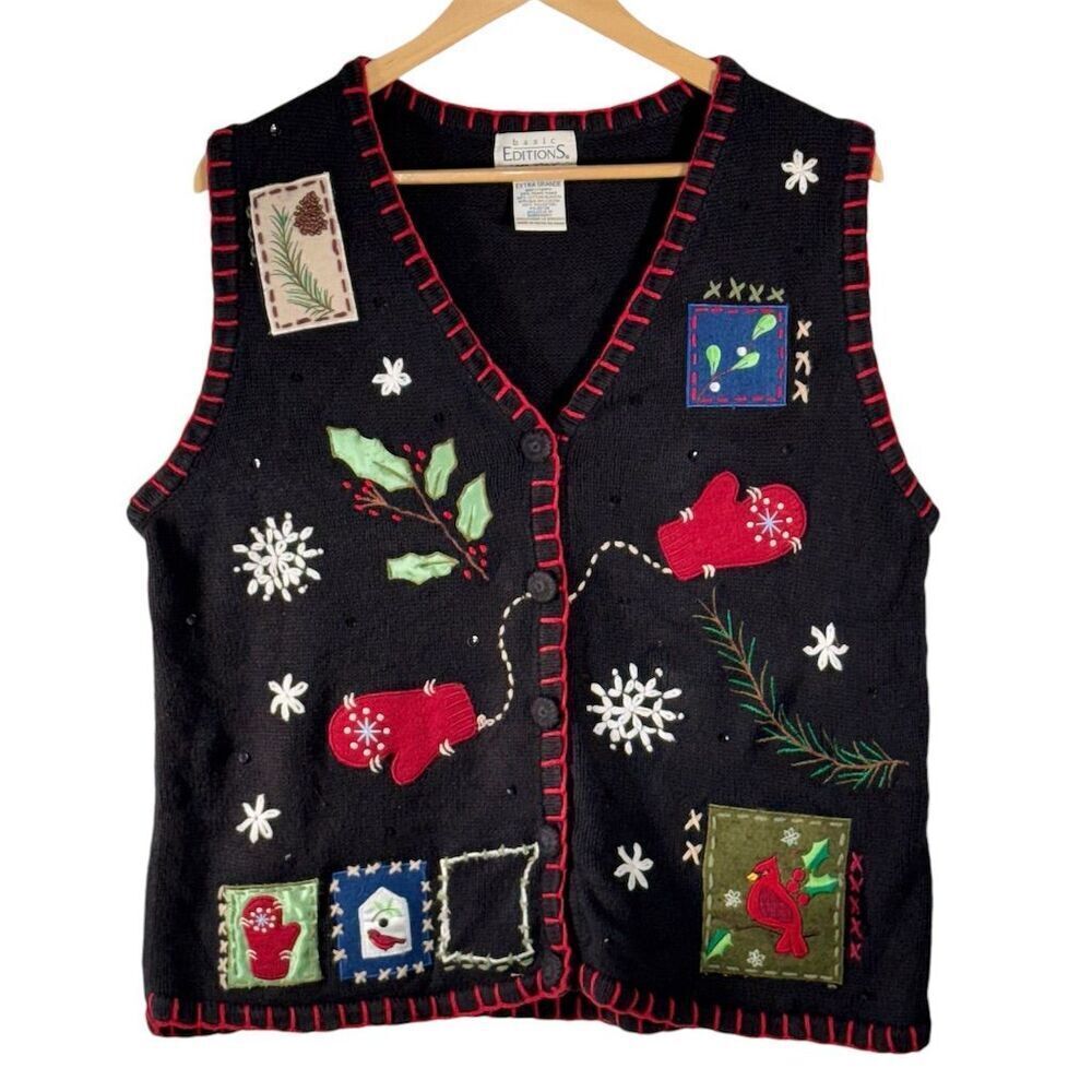 Basic Editions Black Christmas Holiday Vest Embroidered Vintage Sleeveless XL